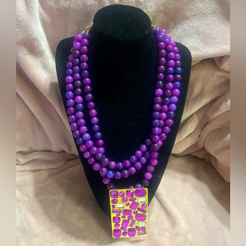 Vintage SJ Purple Glass Beaded and Bejeweled Statement Necklace